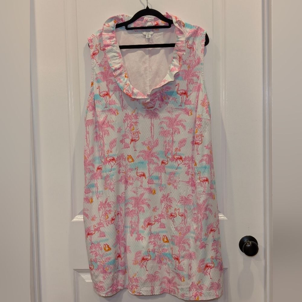 Crown & Ivy Pink Flamingo Tropical Print Dress 1X Plus Size Ruffle Resortwear - Picture 2 of 7